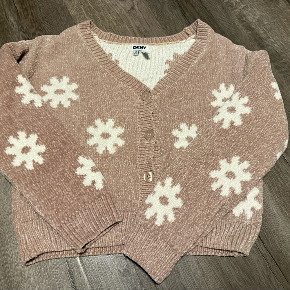 DKNY Women's Pink Floral Knit Cardigan Sweater